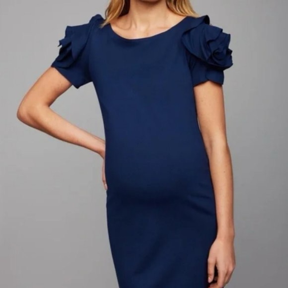 Pietro Brunelli Elegant Navy Blue Ruffle Sleeve Maternity Dress
